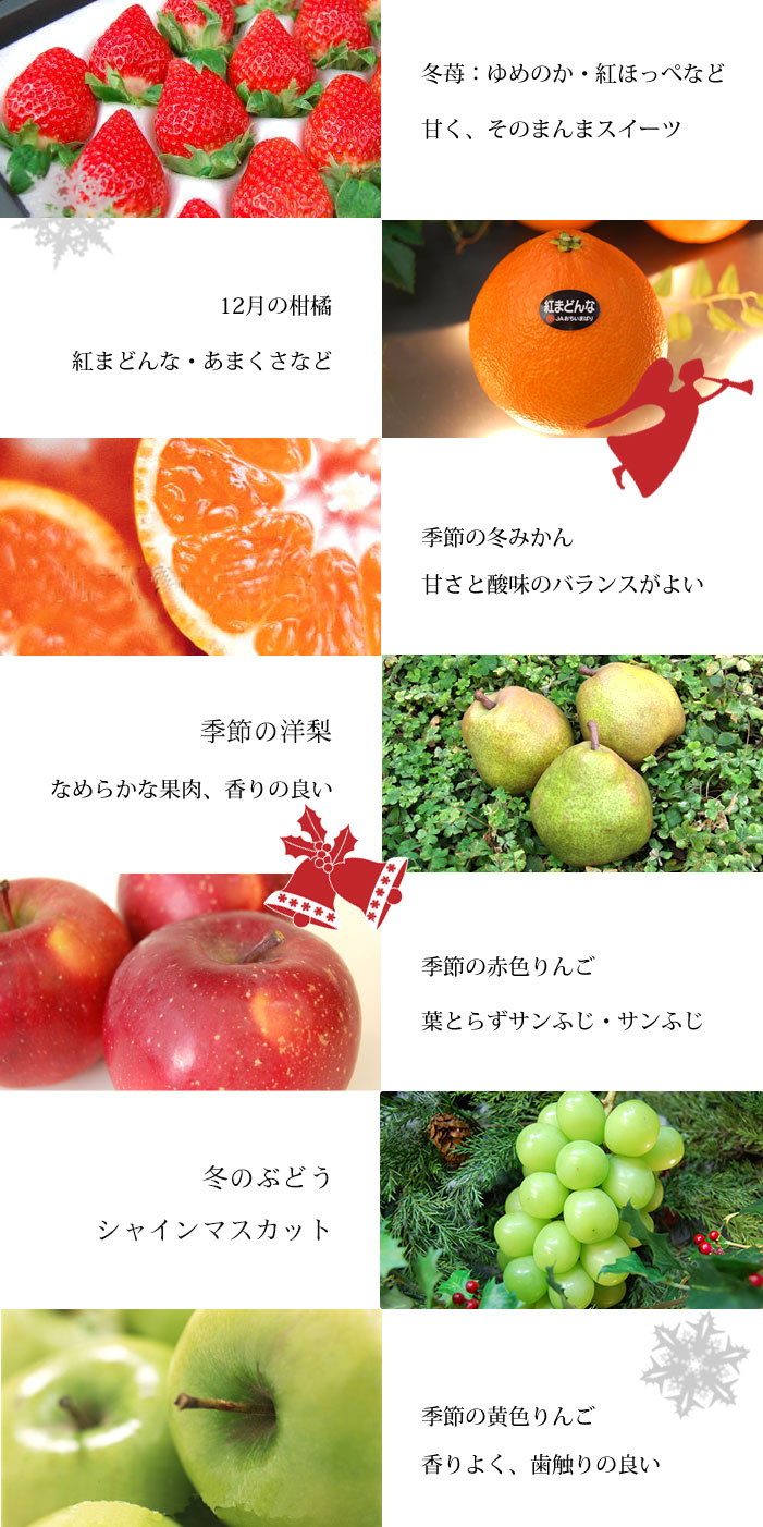 冬苺、12月の柑橘、季節の冬みかん、ラフランス、シャインマスカット、季節のりんご