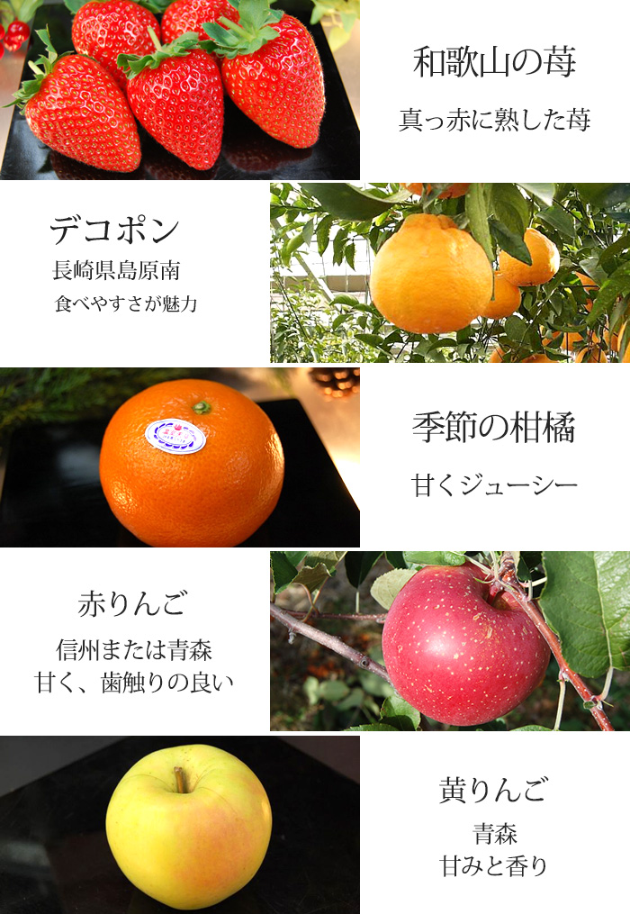 1月の旬フルーツ：季節の苺、デコポン、季節の柑橘、サンふじ、赤りんご、黄りんご